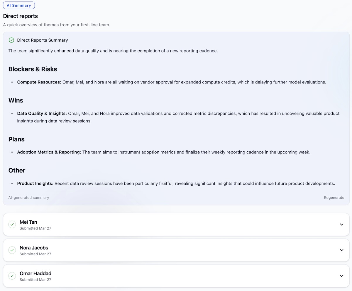Cenra direct reports summary showing weekly team signals and extracted plans from team input.